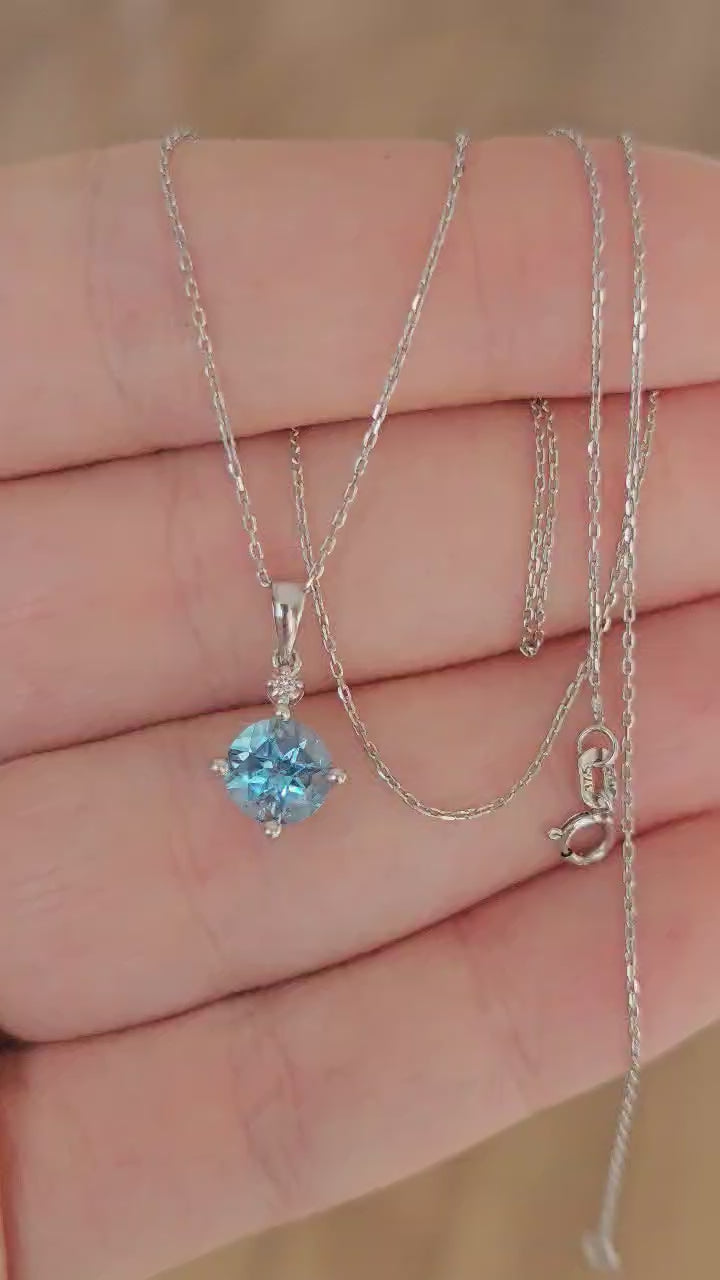 9ct White Gold Natural Blue Topaz & Diamond Pendant Necklace – 18 Inches