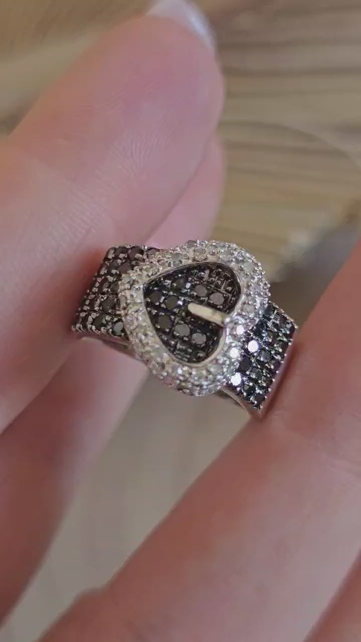 Sterling Silver Natural Black & Clear Diamond Buckle Ring Size N 1/2