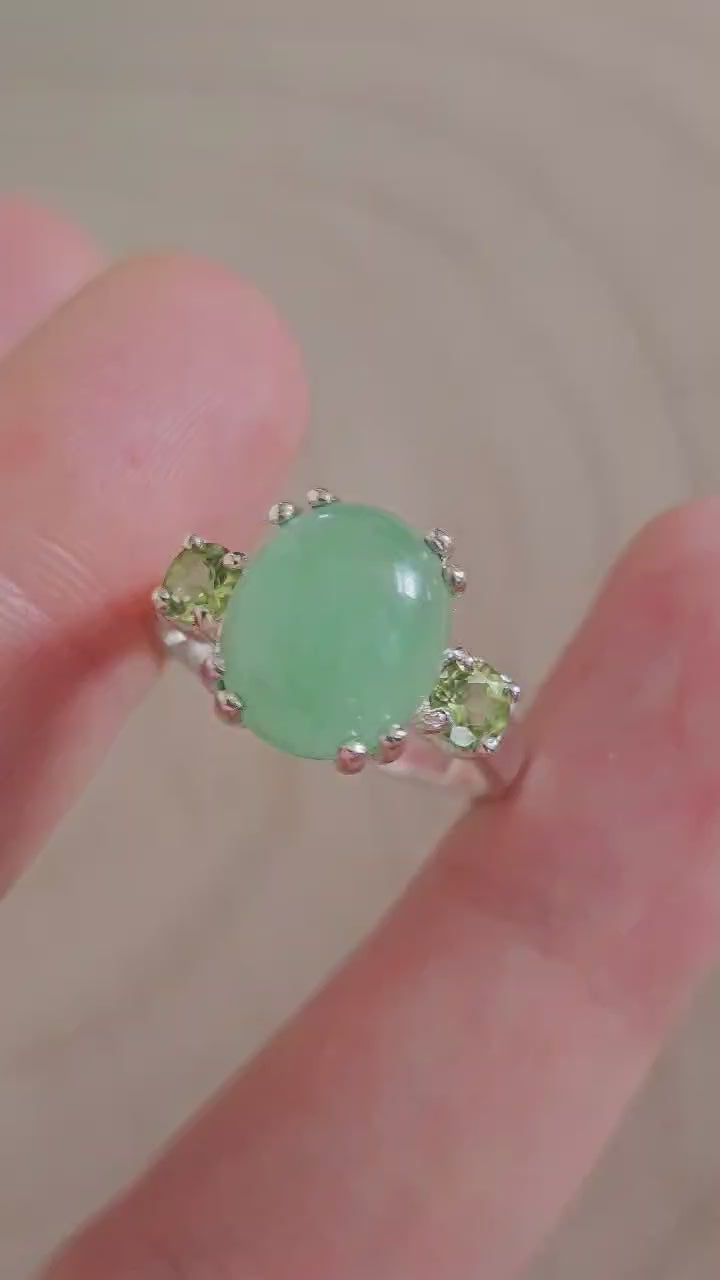 925 Sterling Silver Jade & Peridot Gemstone Ring Size P 4.28g