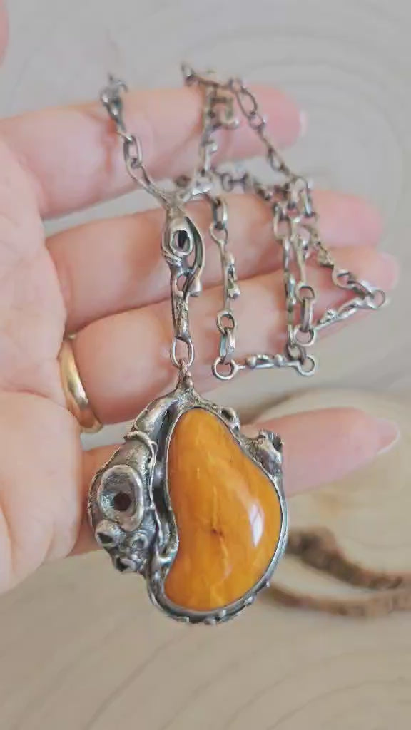 Vintage Polish 800 Silver Amber Brutalist Pendant Necklace TMS Warsaw, 37g