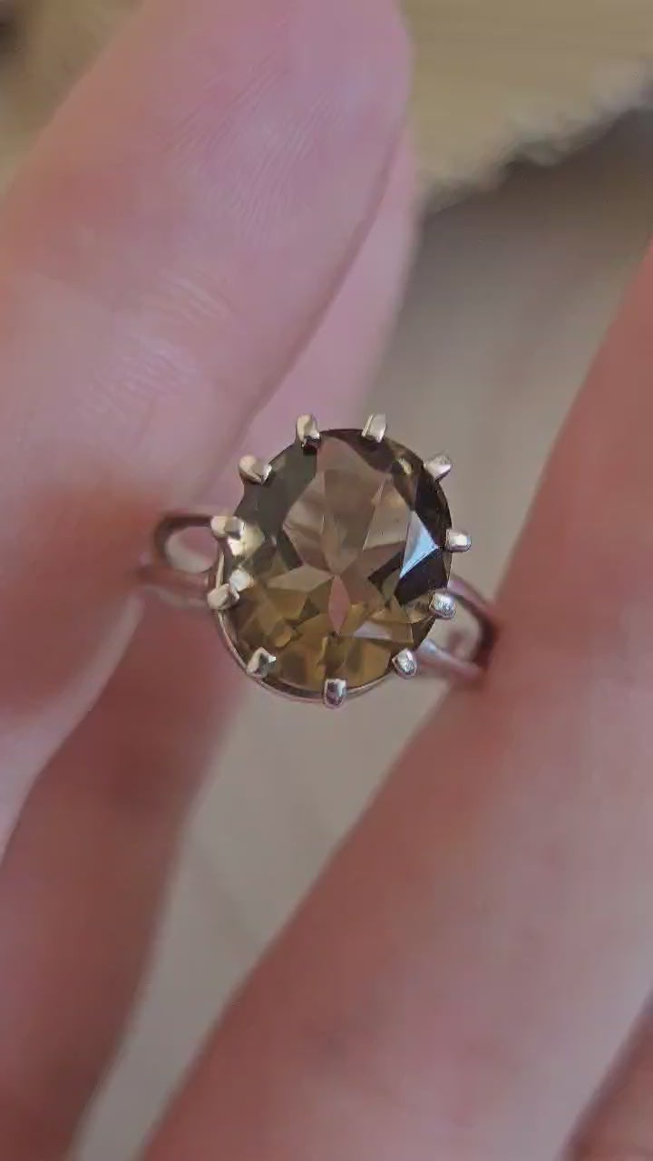925 Sterling Silver Smoky Quartz Oval Solitaire Ring Size M 1/2 Hallmarked