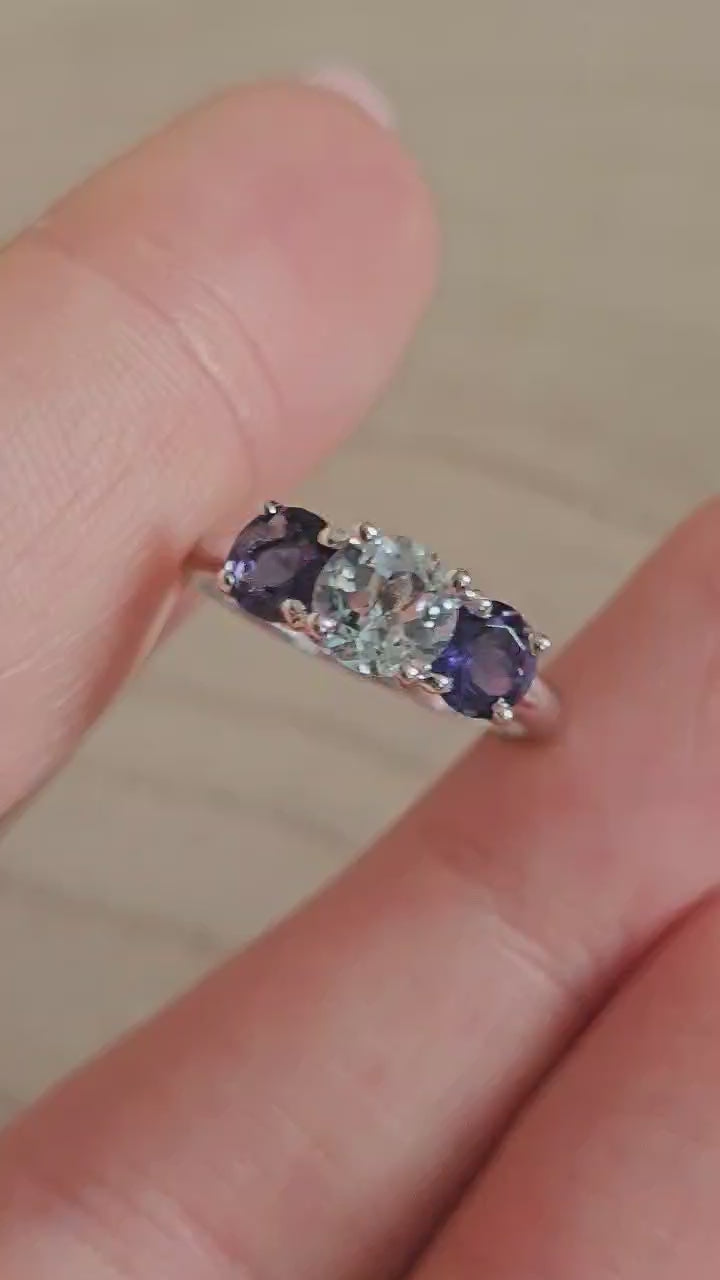9ct White Gold Natural Aquamarine & Iolite Trilogy Ring Size L Hallmarked