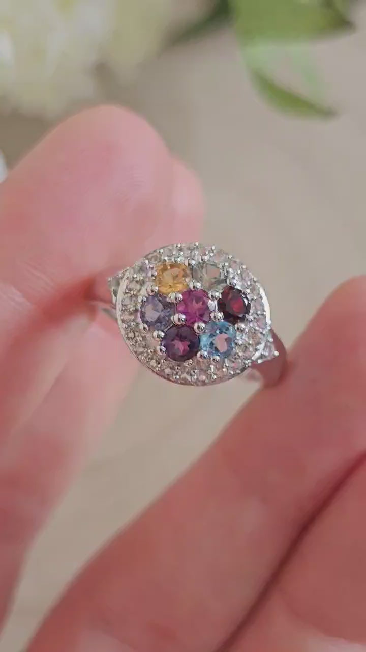 925 Sterling Silver Natural Multicolour Tourmaline Zircon Ring Size R TGGC