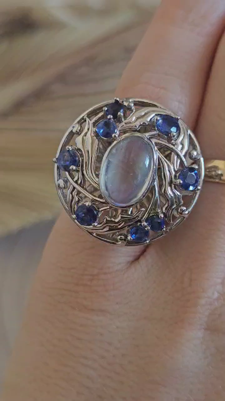 Shipton & Co 925 Silver Moonstone Kyanite Arts & Crafts Ring Size N 1/2