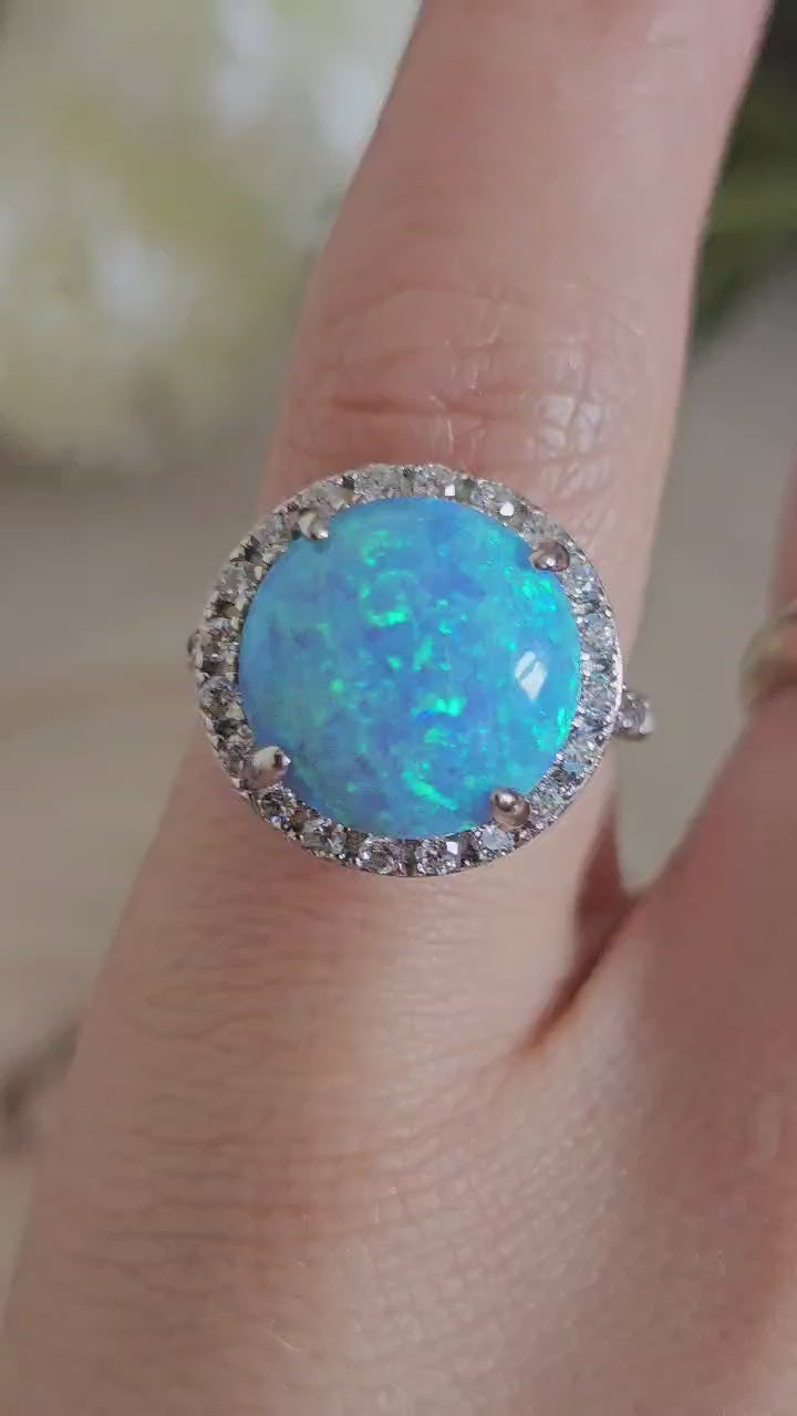 925 Sterling Silver Blue Opal & Zircon Halo Ring Size N 1/2 4.92g