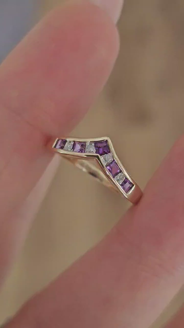 9ct Yellow Gold Natural Amethyst & Diamond Wishbone Ring Size K Hallmarked