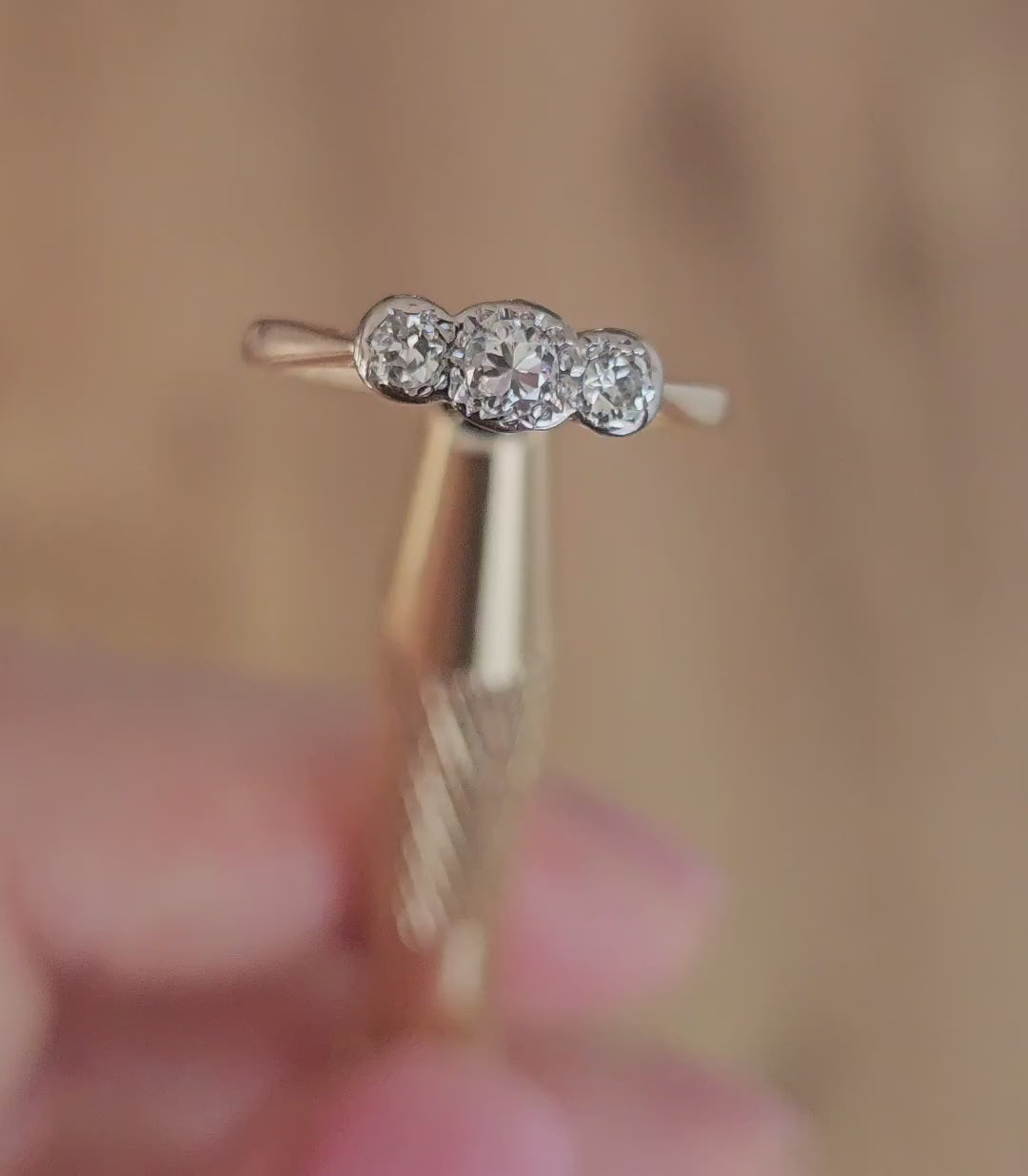 18k Yellow Gold Platinum Diamond Trilogy Ring 0.30ct Size M Vintage 1976