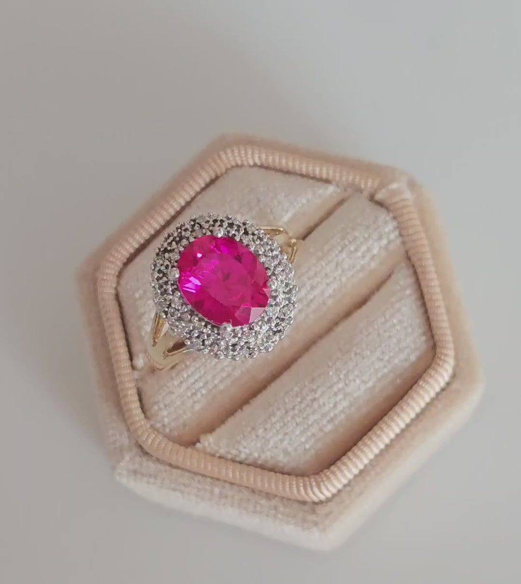 9ct Yellow Gold Cluster Ring | Lab Grown Ruby & Natural Diamonds | Size Q | 4.08g