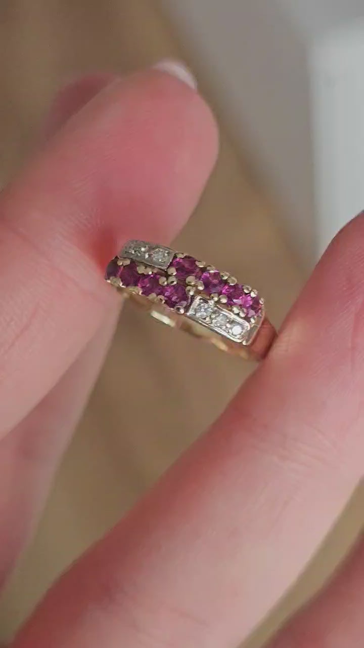 Vintage 1987 ,9ct Yellow Gold Natural Ruby & Diamond Double Row Ring Size M 1/2