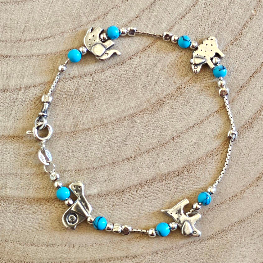 925 Sterling Silver Turquoise Animal Charm Bracelet 7.5" Cat Snail 7.37g