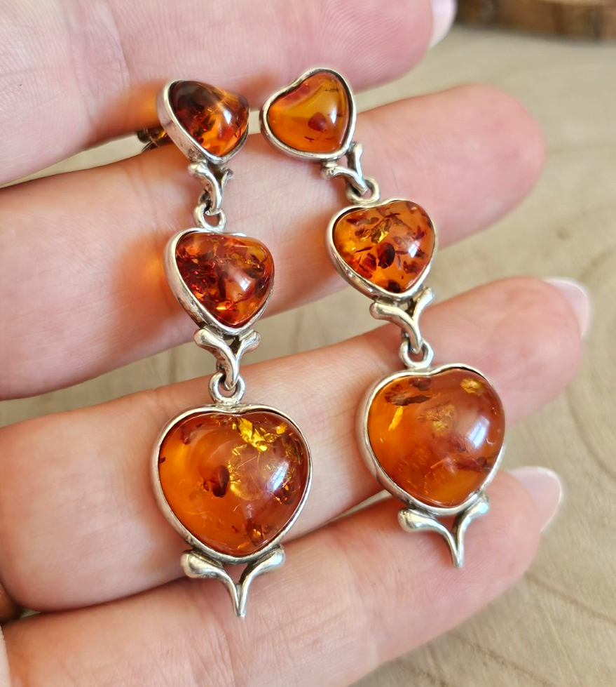 925 Sterling Silver Amber Heart Drop Earrings 3 Stone Dangle 9.37g