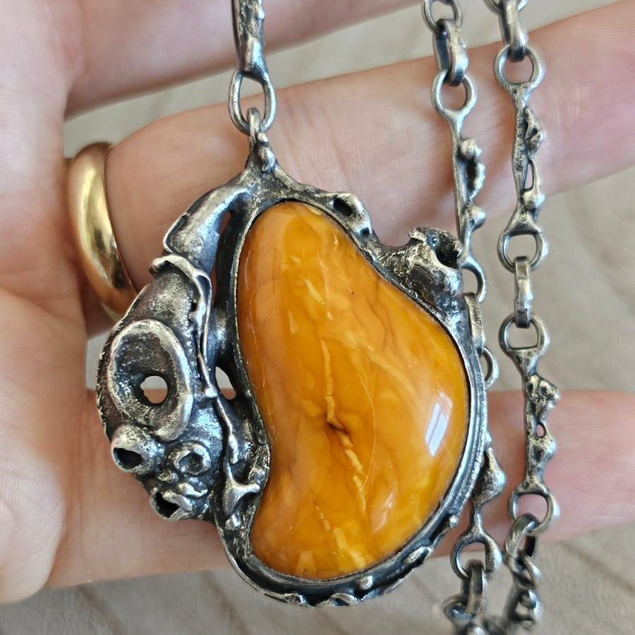 Vintage Polish 800 Silver Amber Brutalist Pendant Necklace TMS Warsaw, 37g