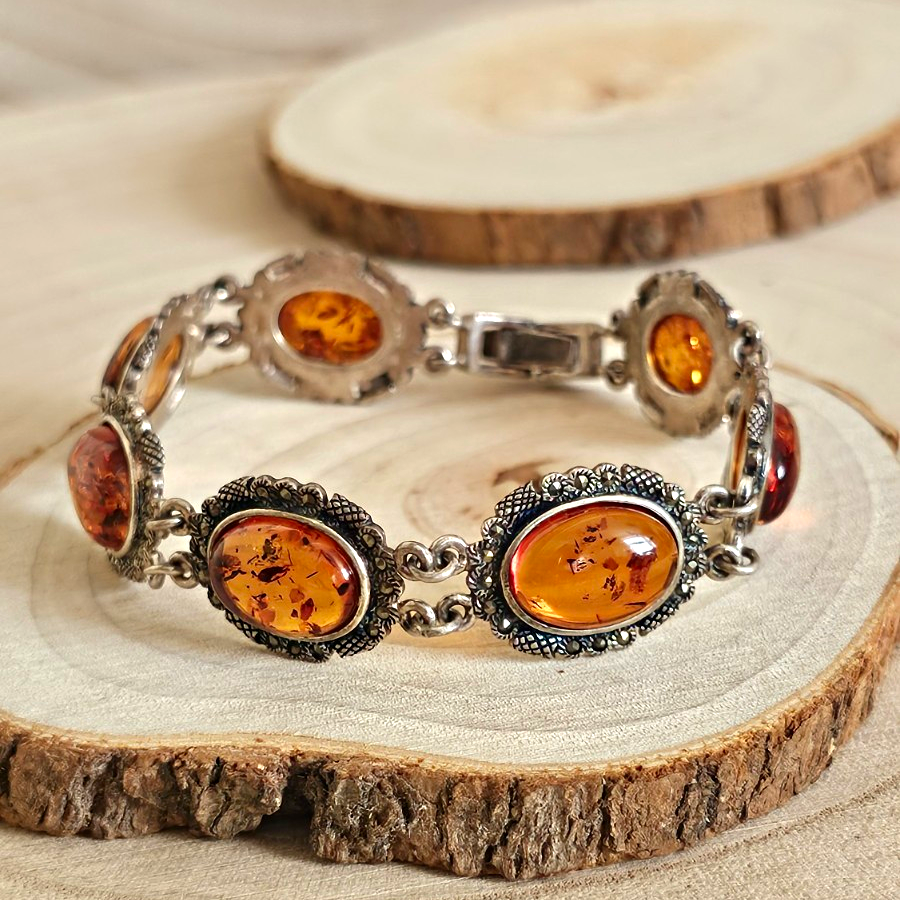 Vintage 925 Sterling Silver Amber Marcasite Bracelet 8" Hallmarked 22.38g