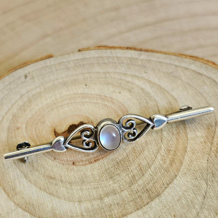 Vintage Silver Moonstone Bar Brooch Heart Scroll Design Stamped SILVER 54mm