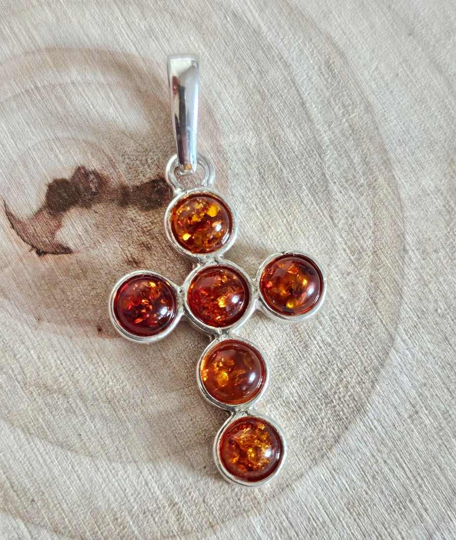 925 Sterling Silver Genuine Amber Cross Pendant Honey Cognac 37.7mm 3.10g