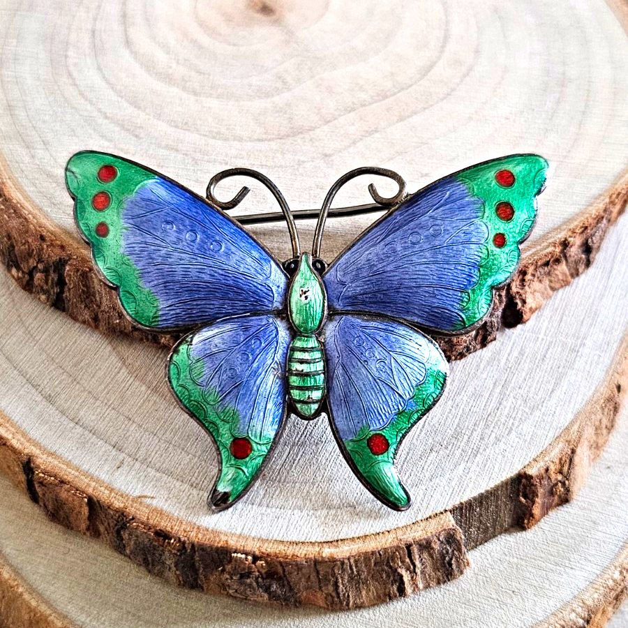 Antique Thomas Lyster Mott TLM Sterling Silver Enamel Butterfly Brooch Art Deco