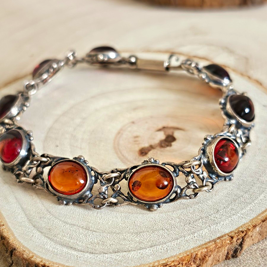 Vintage Polish 925 Sterling Silver Amber Bracelet 🧡 Gdańsk Hallmark