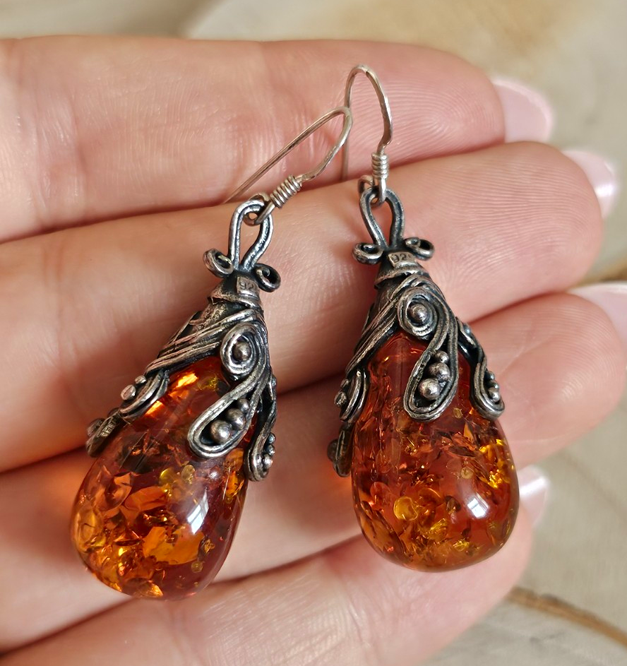 Vintage 925 Sterling Silver Amber Drop Earrings Ornate Dangle 13.57g