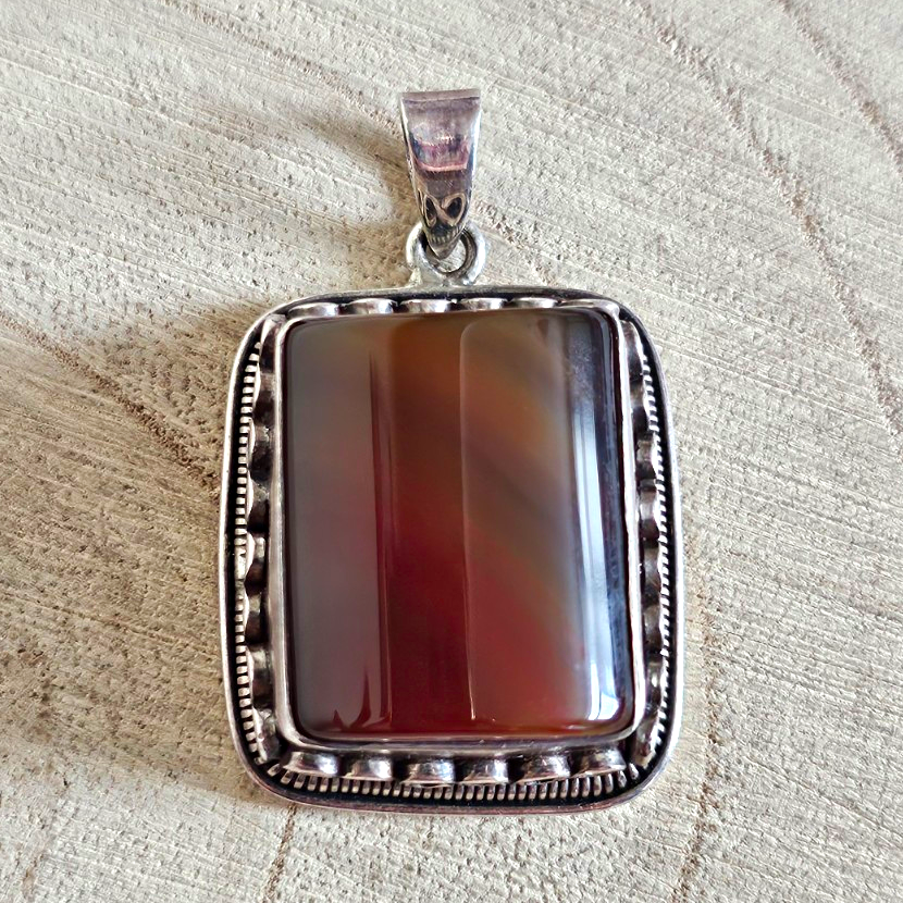 925 Sterling Silver Banded Agate Large Pendant Brown Gemstone 21g