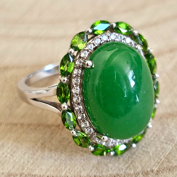 925 Sterling Silver Jade Peridot Green Gemstone Statement Ring Size O 1/2