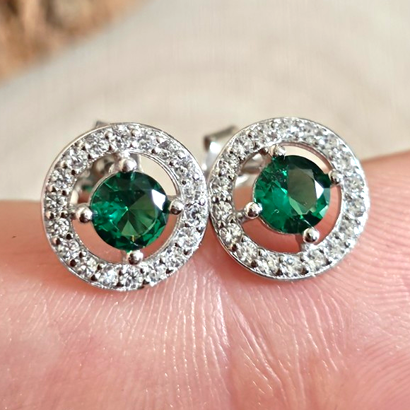 925 Sterling Silver Emerald Green CZ Halo Stud Earrings – Rhodium Plated , New