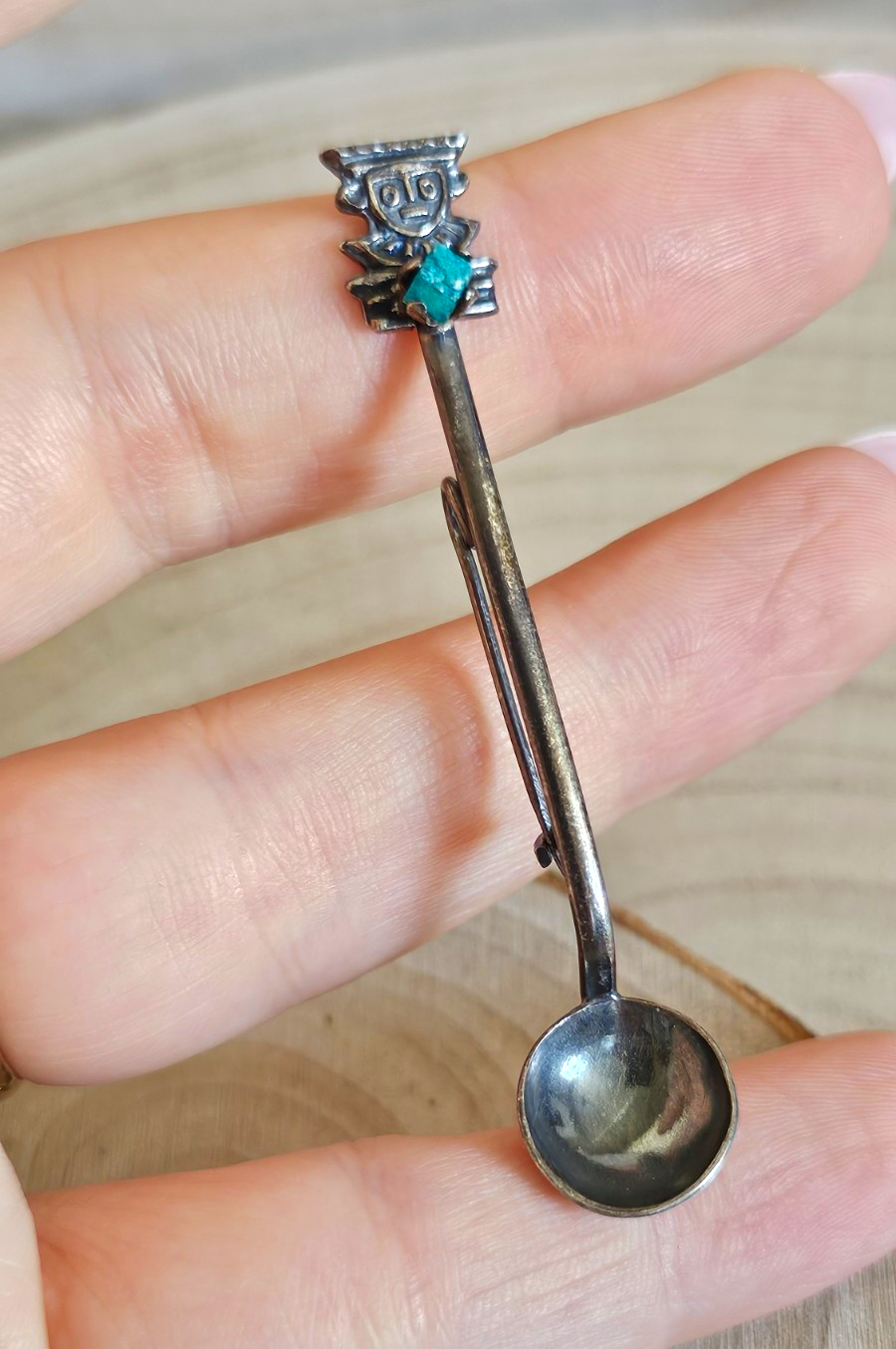 Vintage 900 Silver Spoon Brooch Turquoise Stone Figural Pin 3.28g 64mm