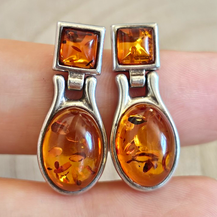 925 Sterling Silver Amber Drop Earrings Studs 6.73g 28mm
